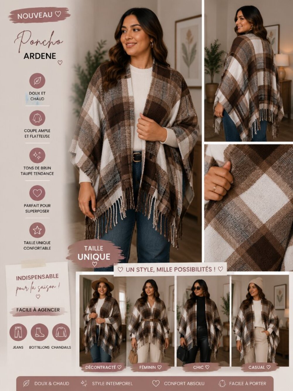 Ardene Plaid Poncho Shawl – Cozy Brown & Taupe Fringe Wrap – One Size